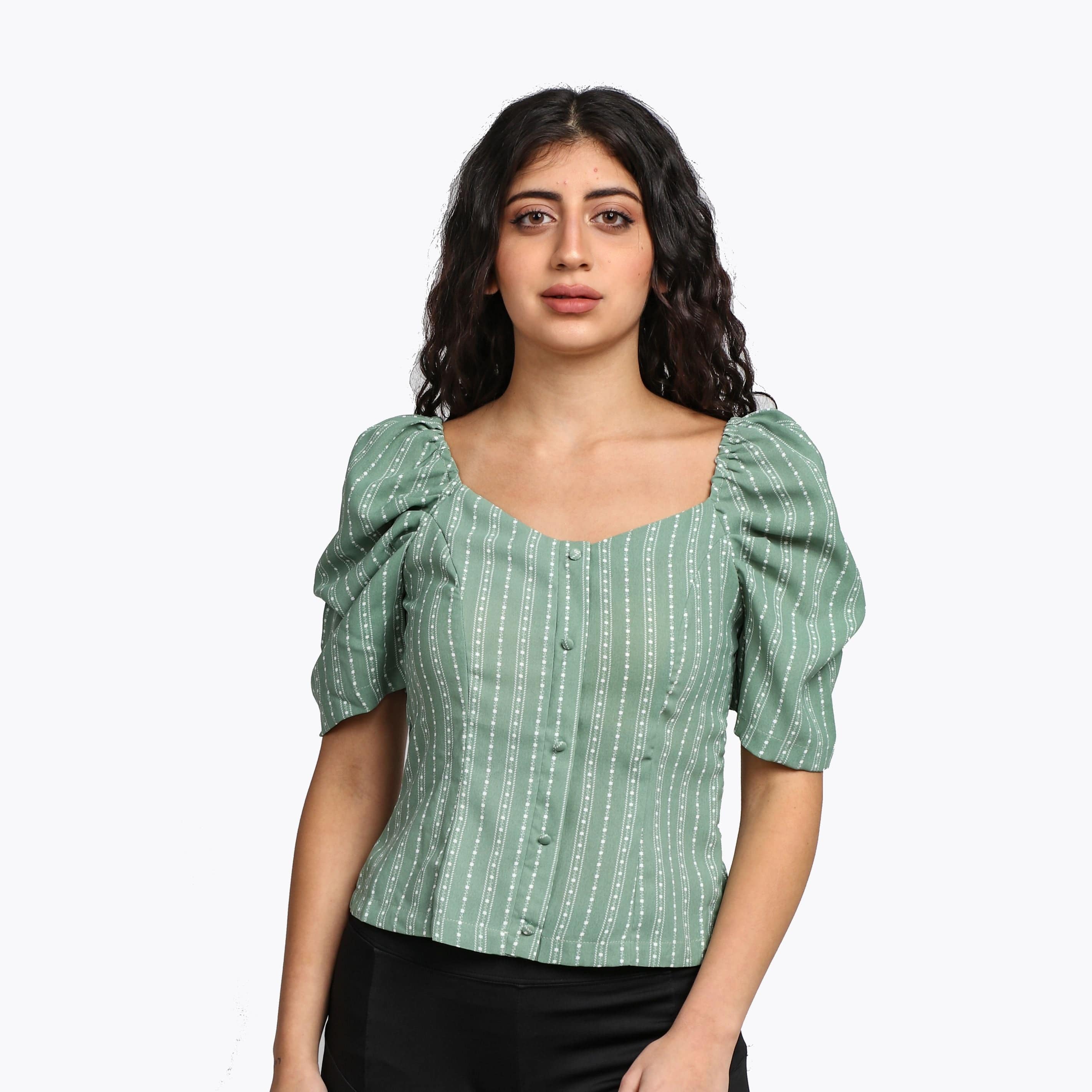 ميكا بلوزة مخططة كم قصير منفوخة نسائي