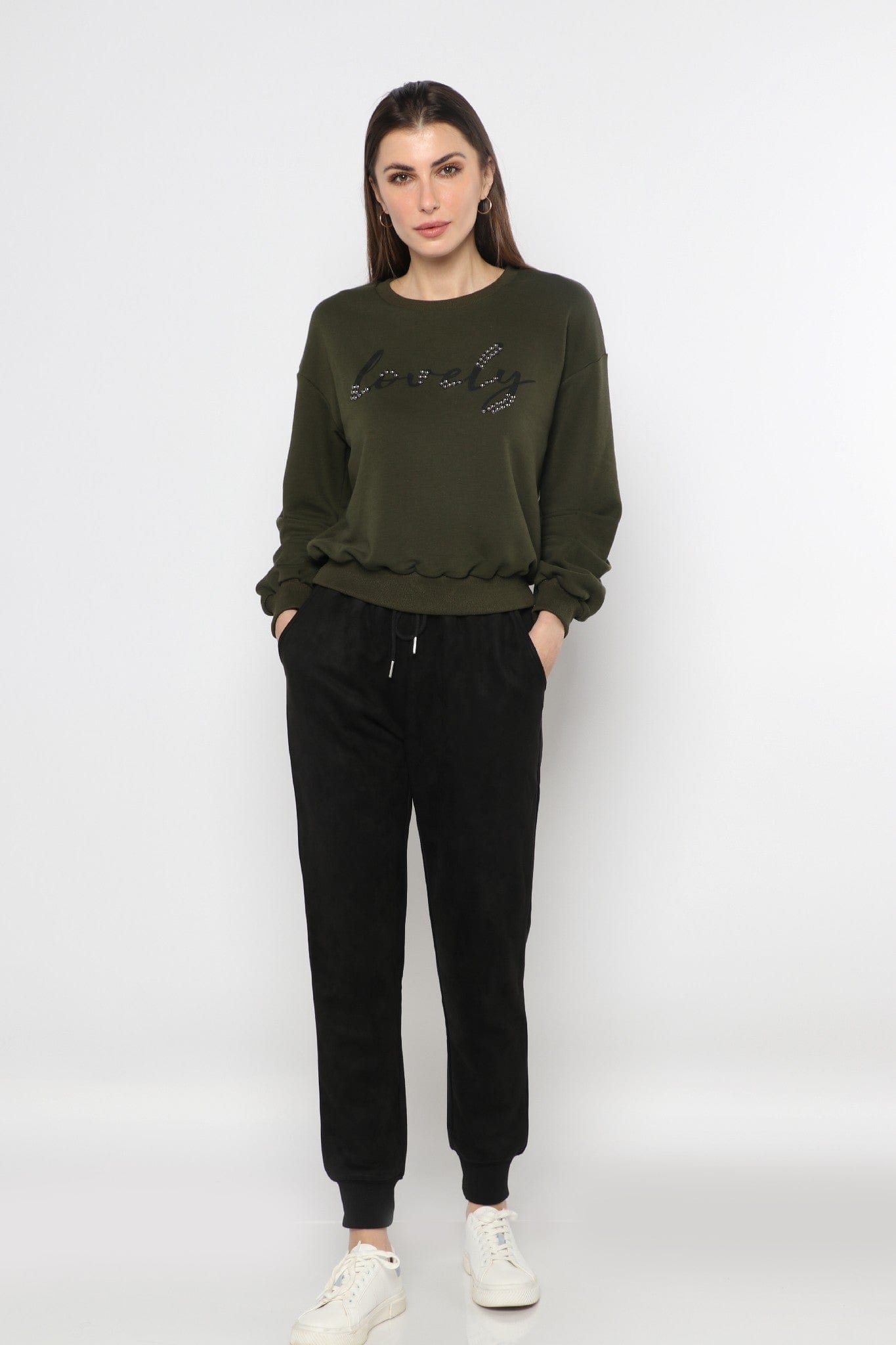 ميكا بلوزة بطبعة مطرزة بالكريستال بأكمام طويلة