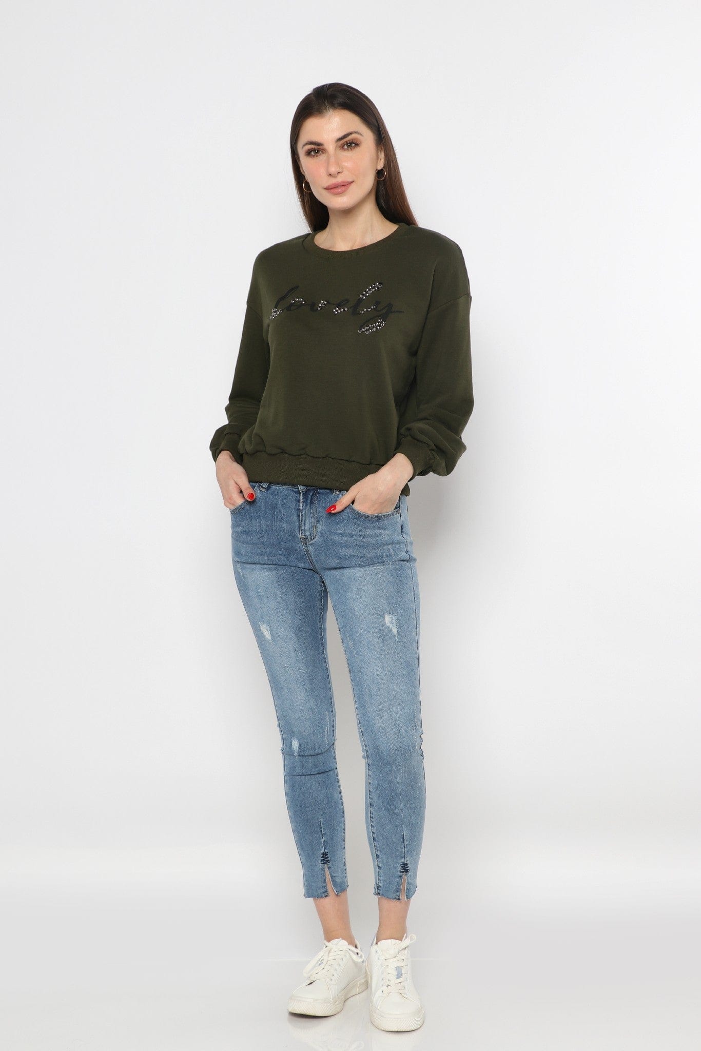 ميكا بلوزة بطبعة مطرزة بالكريستال بأكمام طويلة