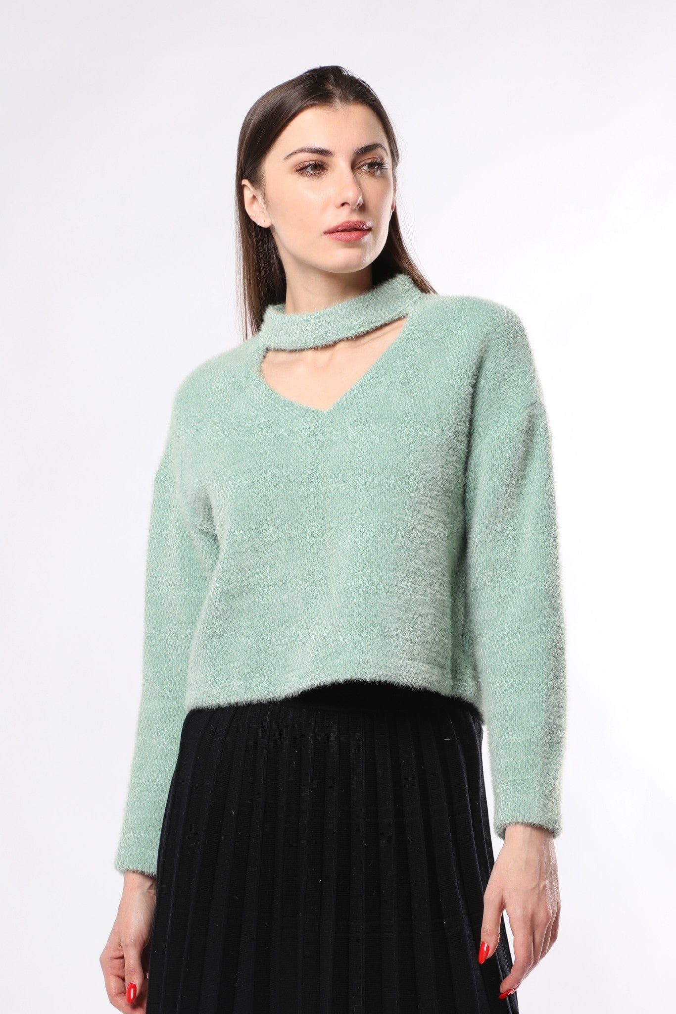 ميكا بلوزة بأكمام طويلة سادة بفتحة سبعة قصيرة