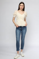 ميكا بلوزة مخصرة متداخلة الصدر نص كم بف نسائي