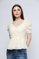 ميكا بلوزة مخصرة متداخلة الصدر نص كم بف نسائي