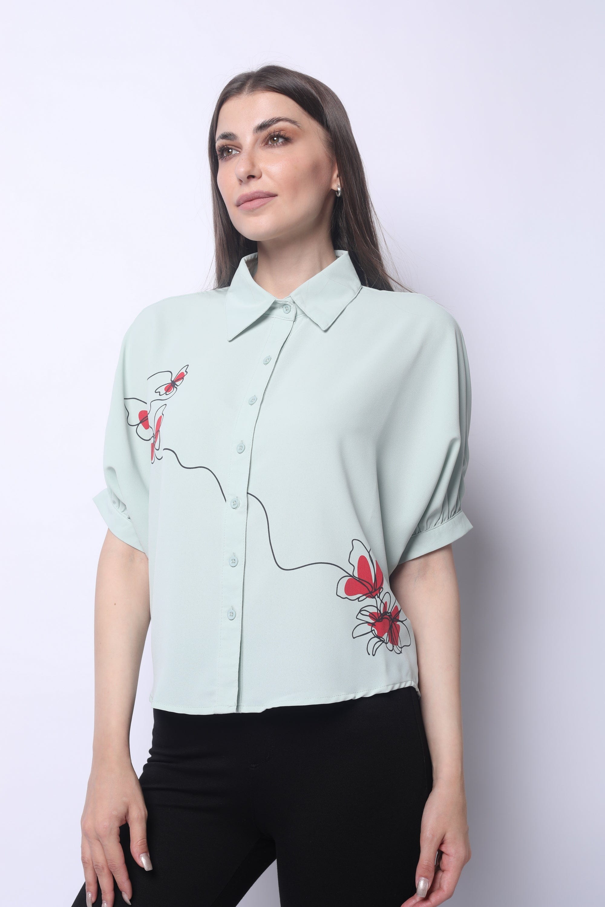 ميكا بلوزة أزرار أمامية ونقش على الجانب 3/4 كم نسائي