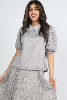 ميكا بلوزة دانتيل بياقة مطرزة بأكمام منفوخة نسائي