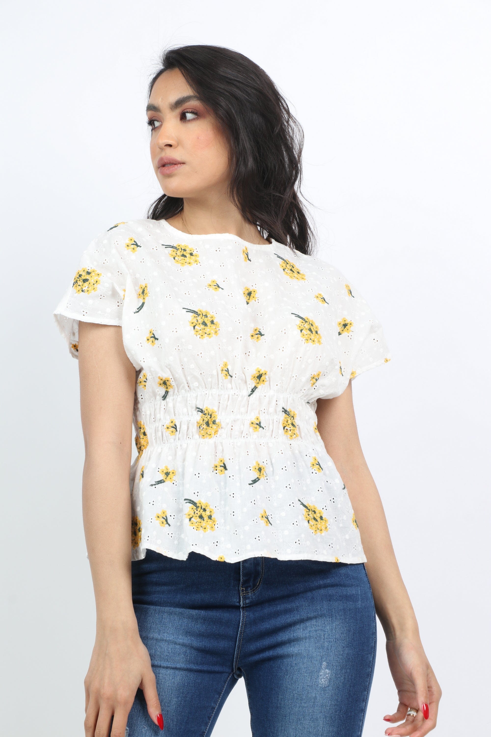 ميكا بلوزة مشجرة مخصرة كم قصير نسائي