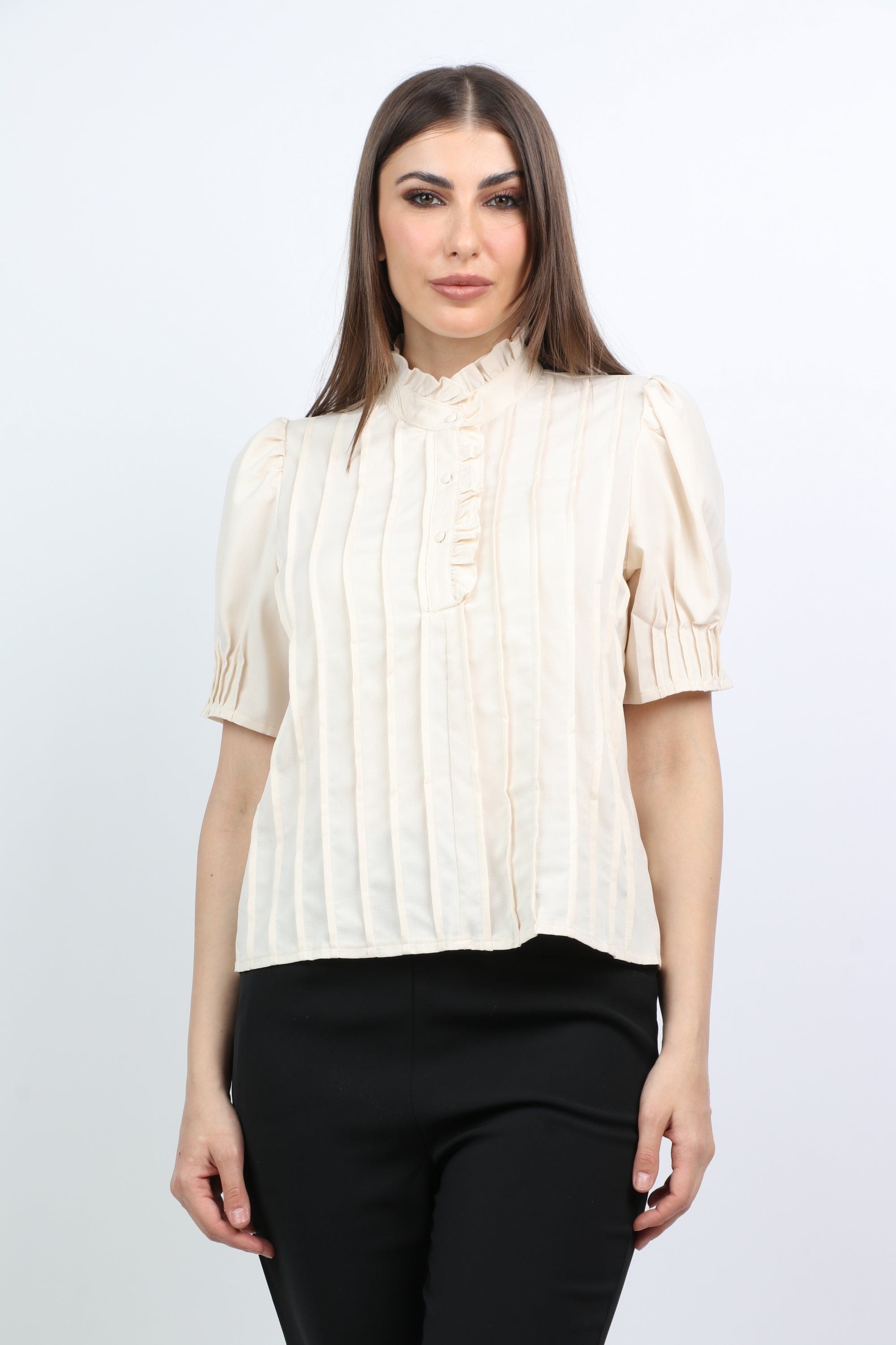 ميكا بلوزة رسمية بليسيه بأزرار أمامية كم قصير منفوخ نسائي