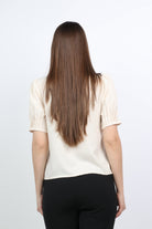 ميكا بلوزة رسمية بليسيه بأزرار أمامية كم قصير منفوخ نسائي