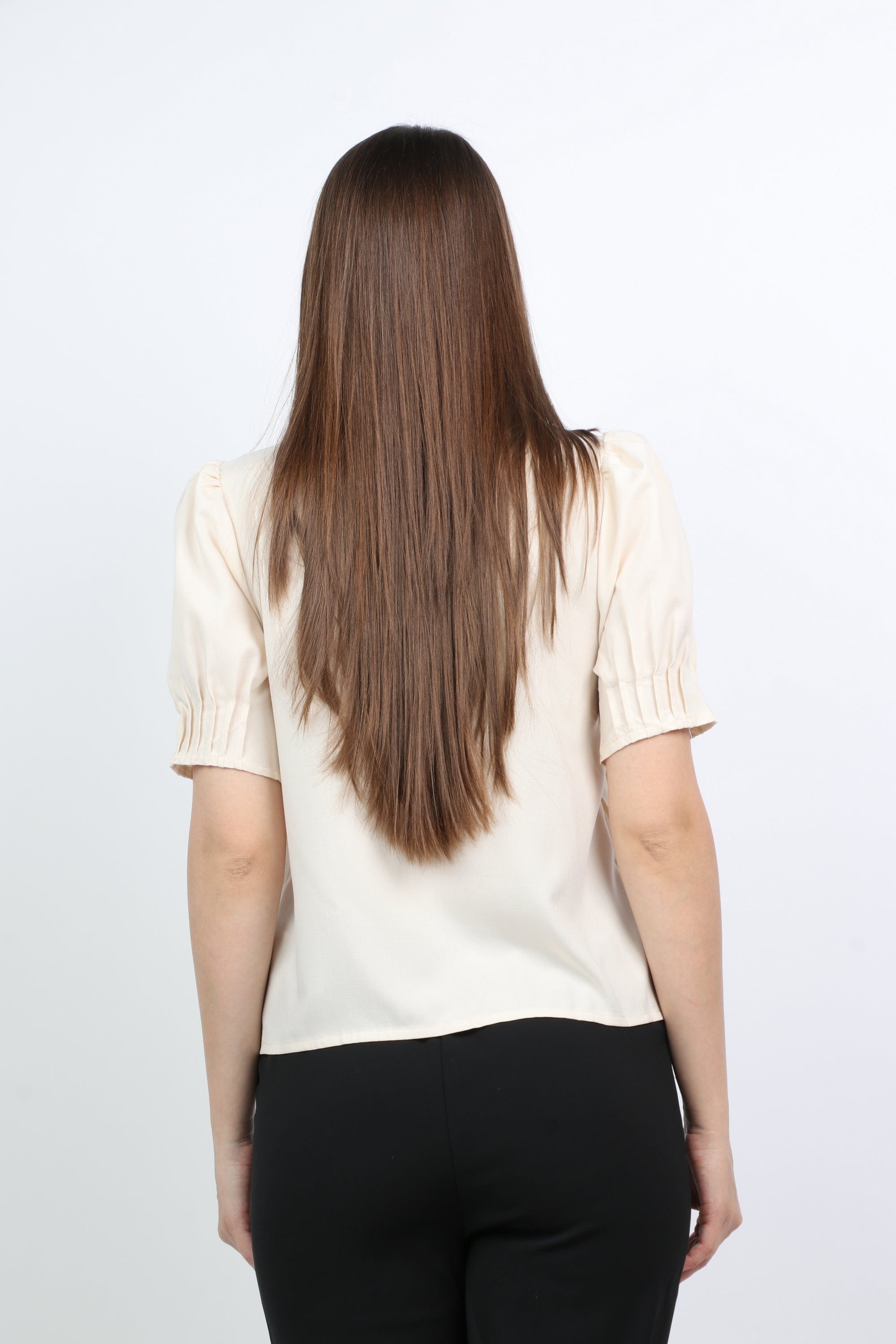 ميكا بلوزة رسمية بليسيه بأزرار أمامية كم قصير منفوخ نسائي