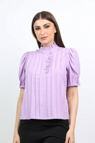 ميكا بلوزة رسمية بليسيه بأزرار أمامية كم قصير منفوخ نسائي