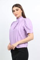 ميكا بلوزة رسمية بليسيه بأزرار أمامية كم قصير منفوخ نسائي