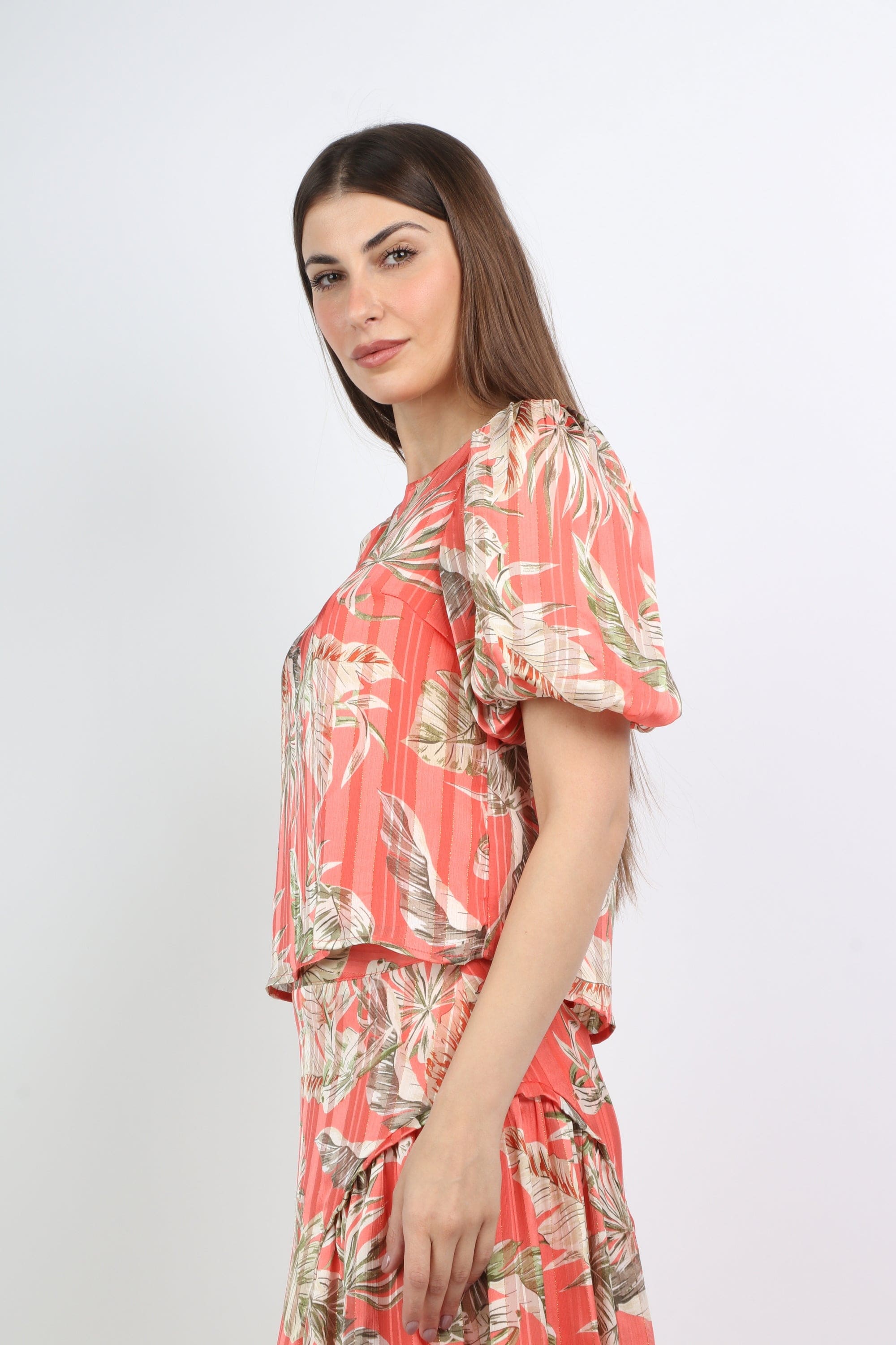 ميكا بلوزة مشجرة شيفون أكمام بف قصيرة نسائي