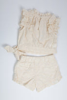 جينجرسنابس طقم شورت بناتي وبلوزة مخرمة مطرزة بالخيط البيج