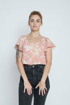 ميكا بلوزة مشجرة نص بطن كم قصير مكشكش نسائية