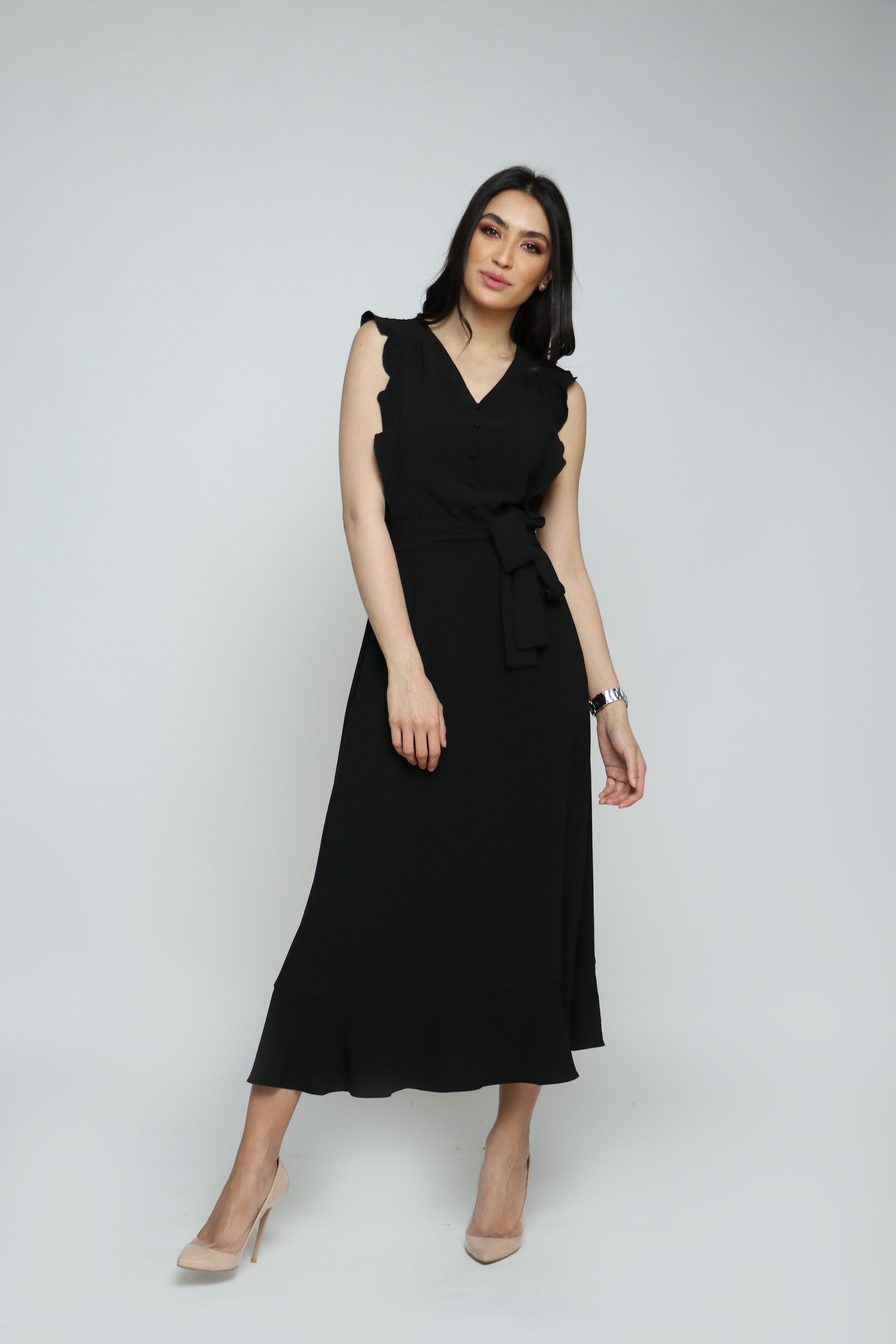 ميكا فستان ميدي بدون أكمام برباط خصر وأزرار على الصدر