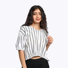 ميكا بلوزة مخططة بالطول نص بطن نص كم نسائي