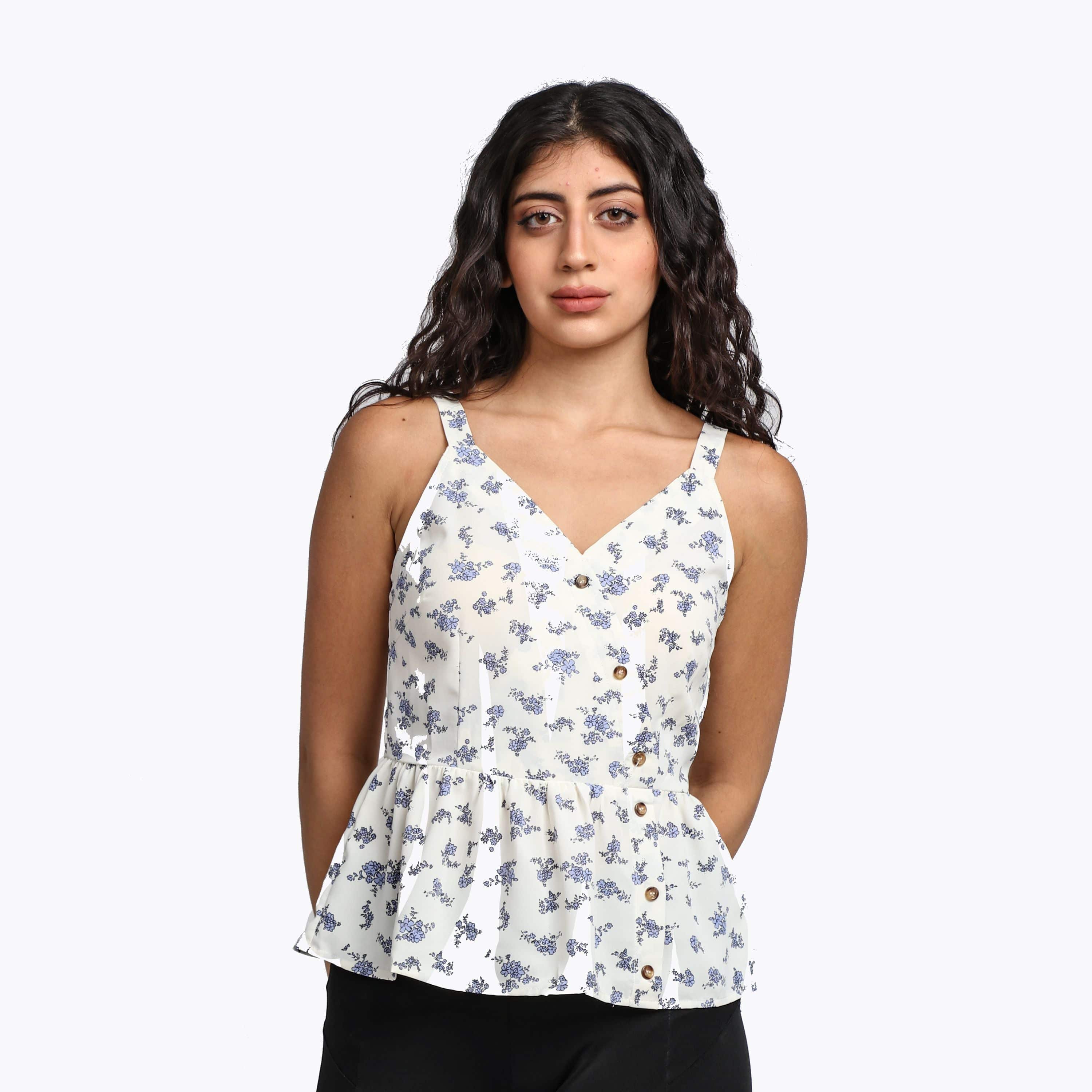 ميكا بلوزة مشجرة بأزرار جانبية وحمالات عريضة مكشكشة من أسفل نسائي