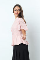 ميكا بلوزة دانتيل مخصر كم قصير واسع نسائي