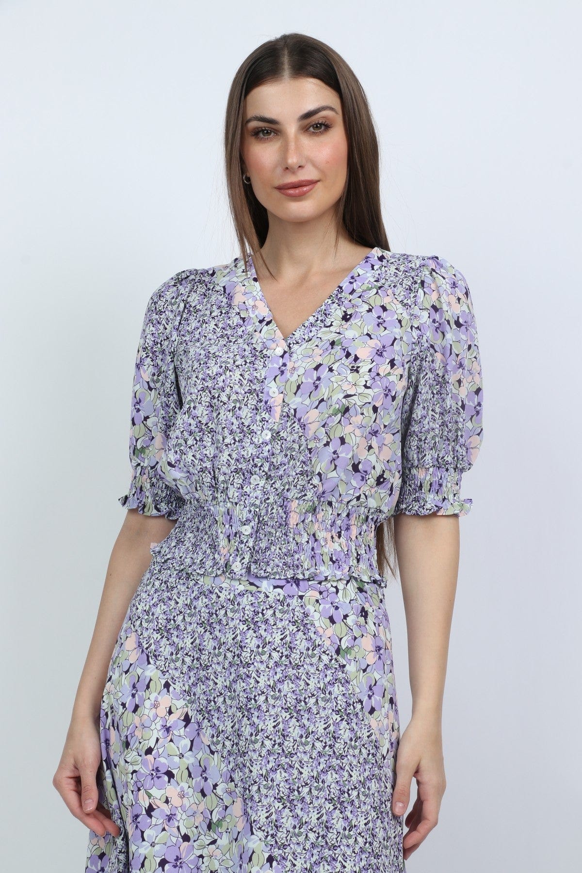 ميكا بلوزة مشجرة 3/4 كم بف بأزرار أمامية أرجواني