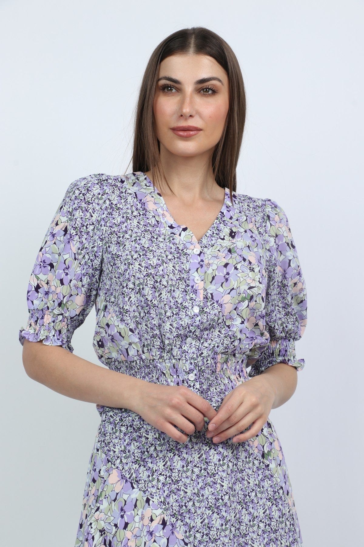 ميكا بلوزة مشجرة 3/4 كم بف بأزرار أمامية أرجواني