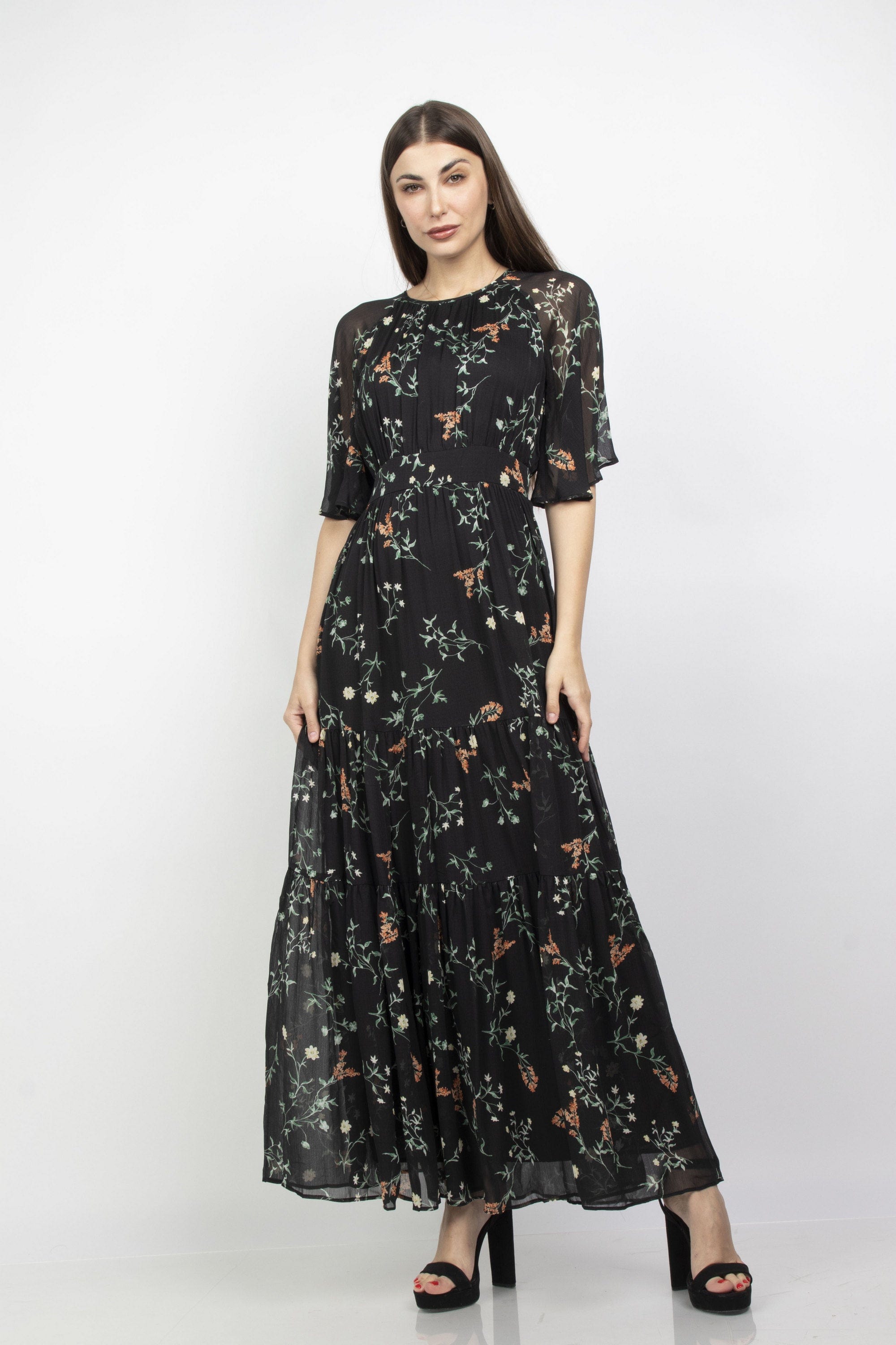 ميكا فستان طويل مشجر كم قصير شيفون