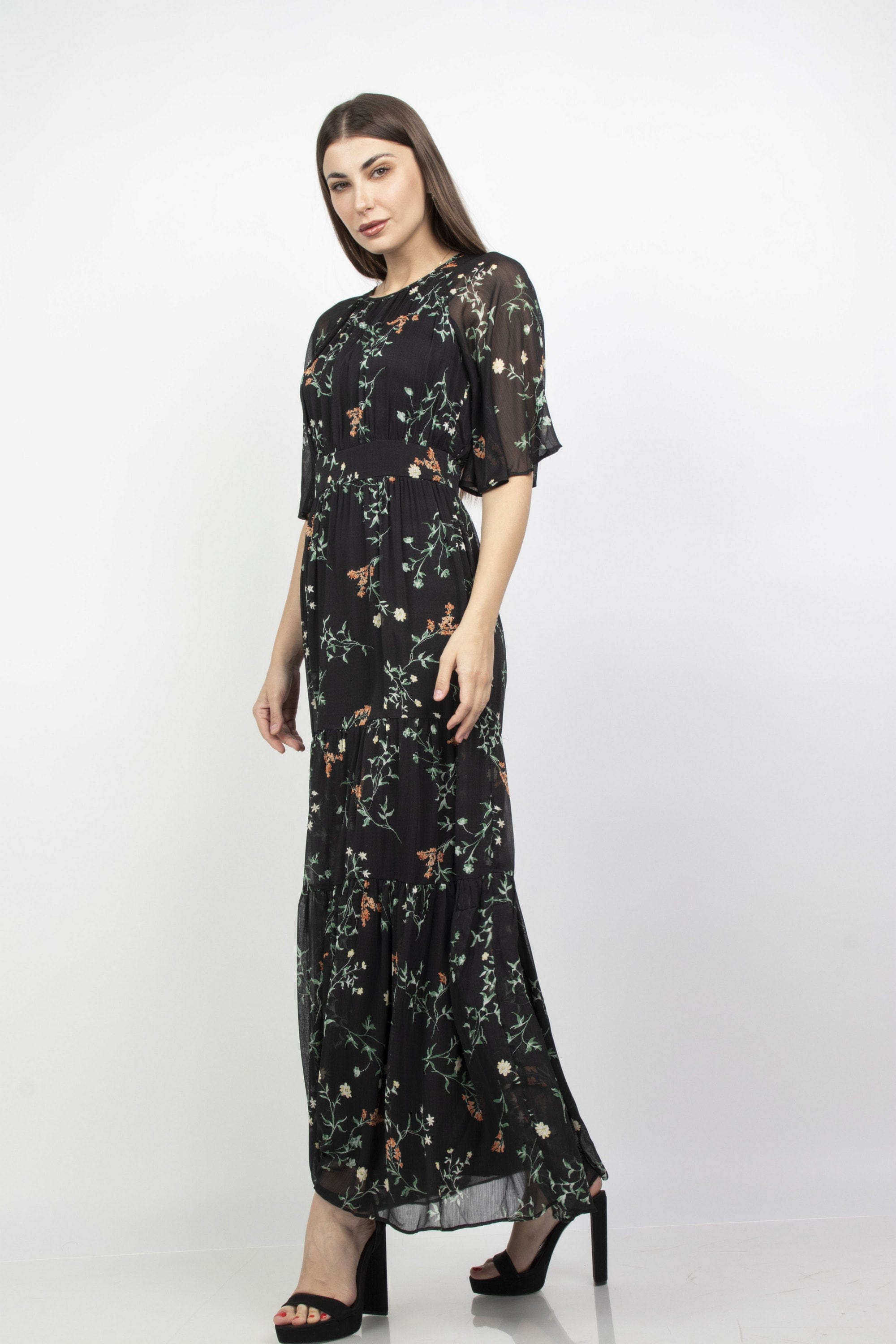 ميكا فستان طويل مشجر كم قصير شيفون