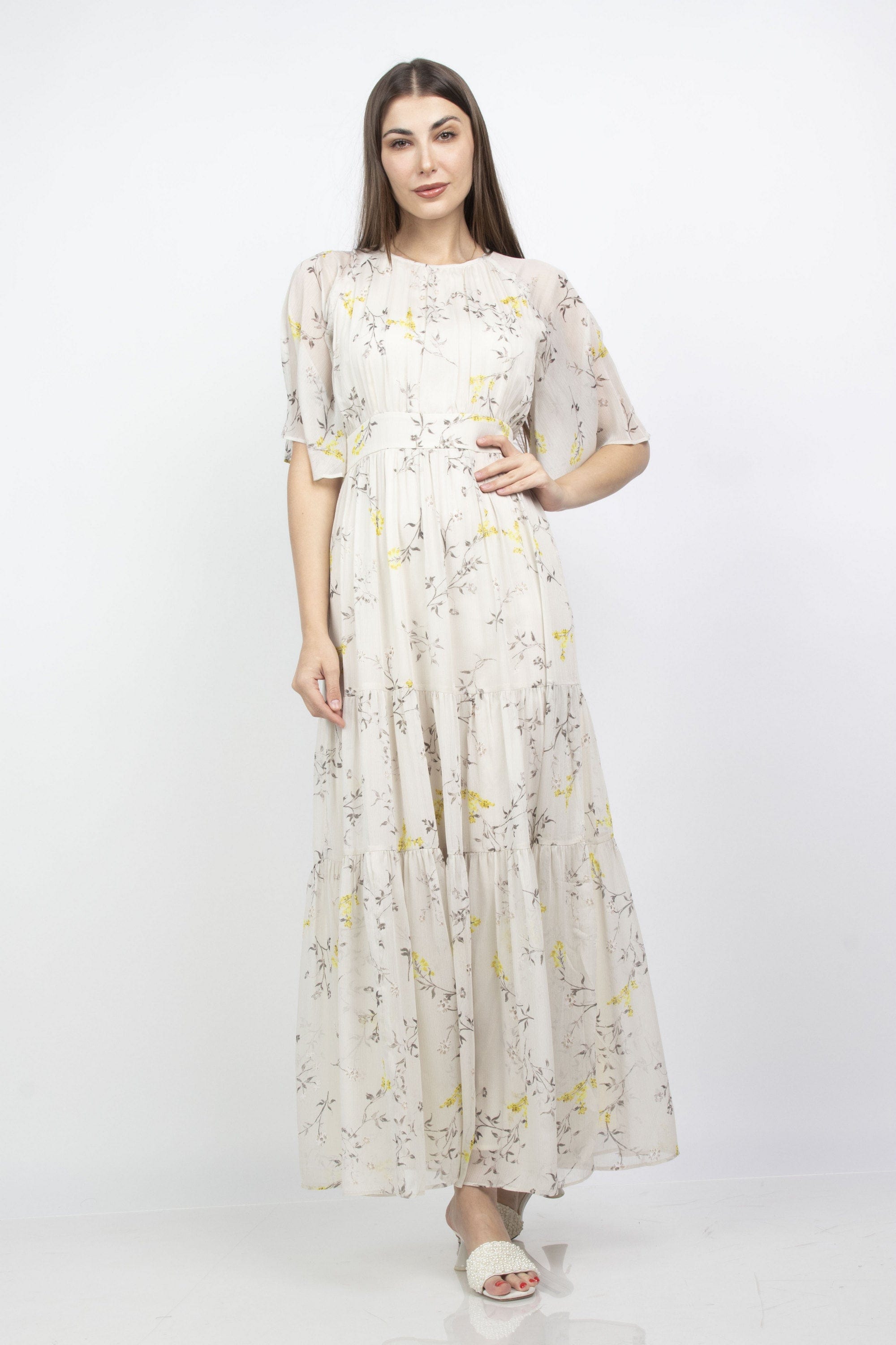 ميكا فستان طويل مشجر كم قصير شيفون