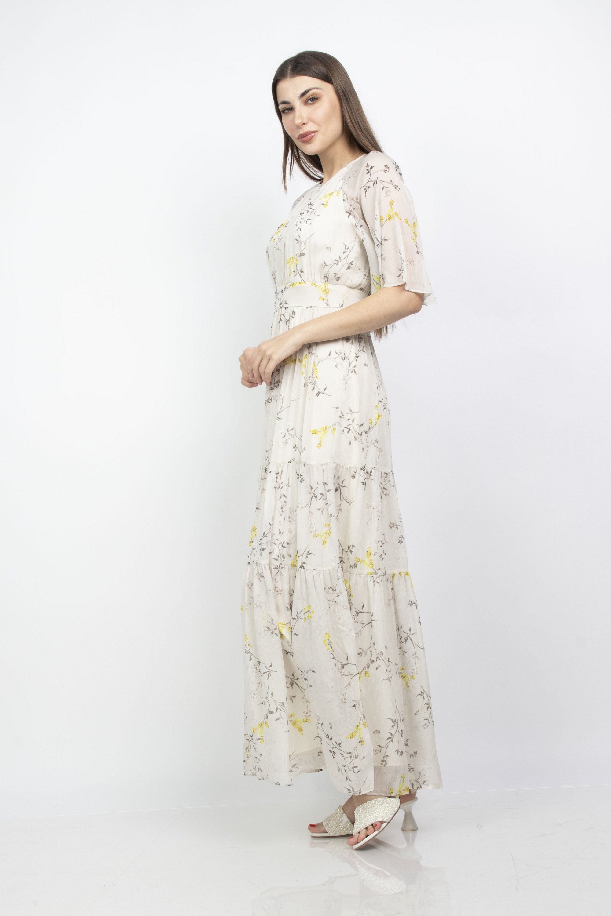 ميكا فستان طويل مشجر كم قصير شيفون