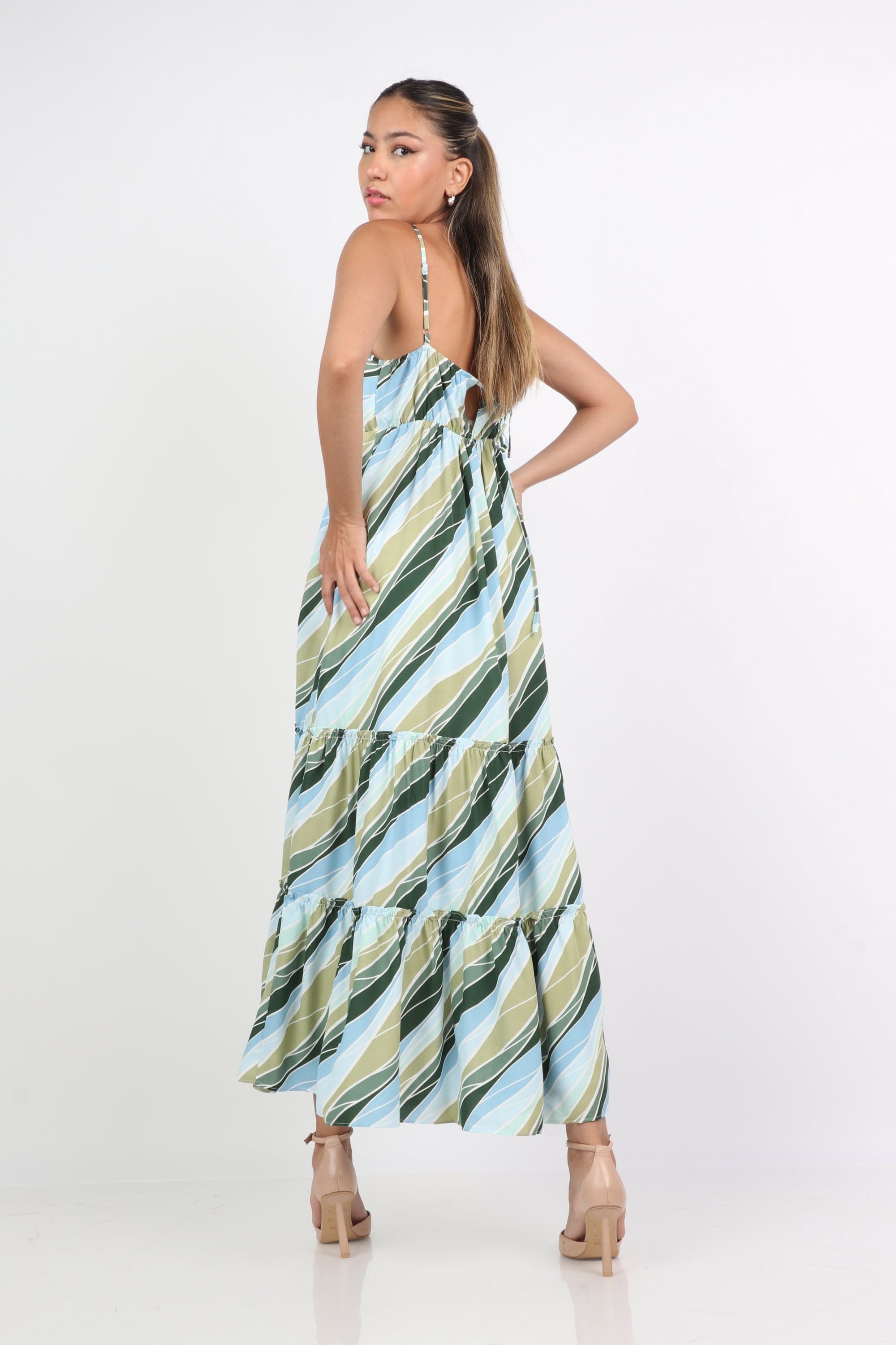 Shop long dress with printed bras with ruffles - light green, yellow fashion