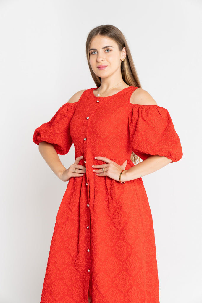 ميكا فستان قصير ميدي أوف شولدر بأزرار أمامية نسائي أحمر