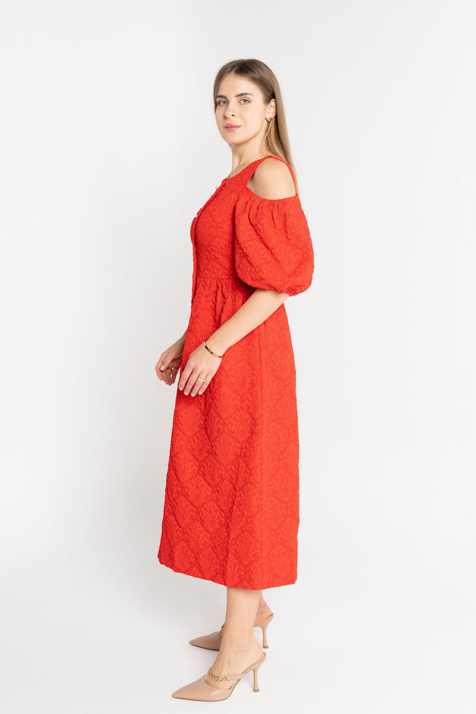ميكا فستان قصير ميدي أوف شولدر بأزرار أمامية نسائي أحمر