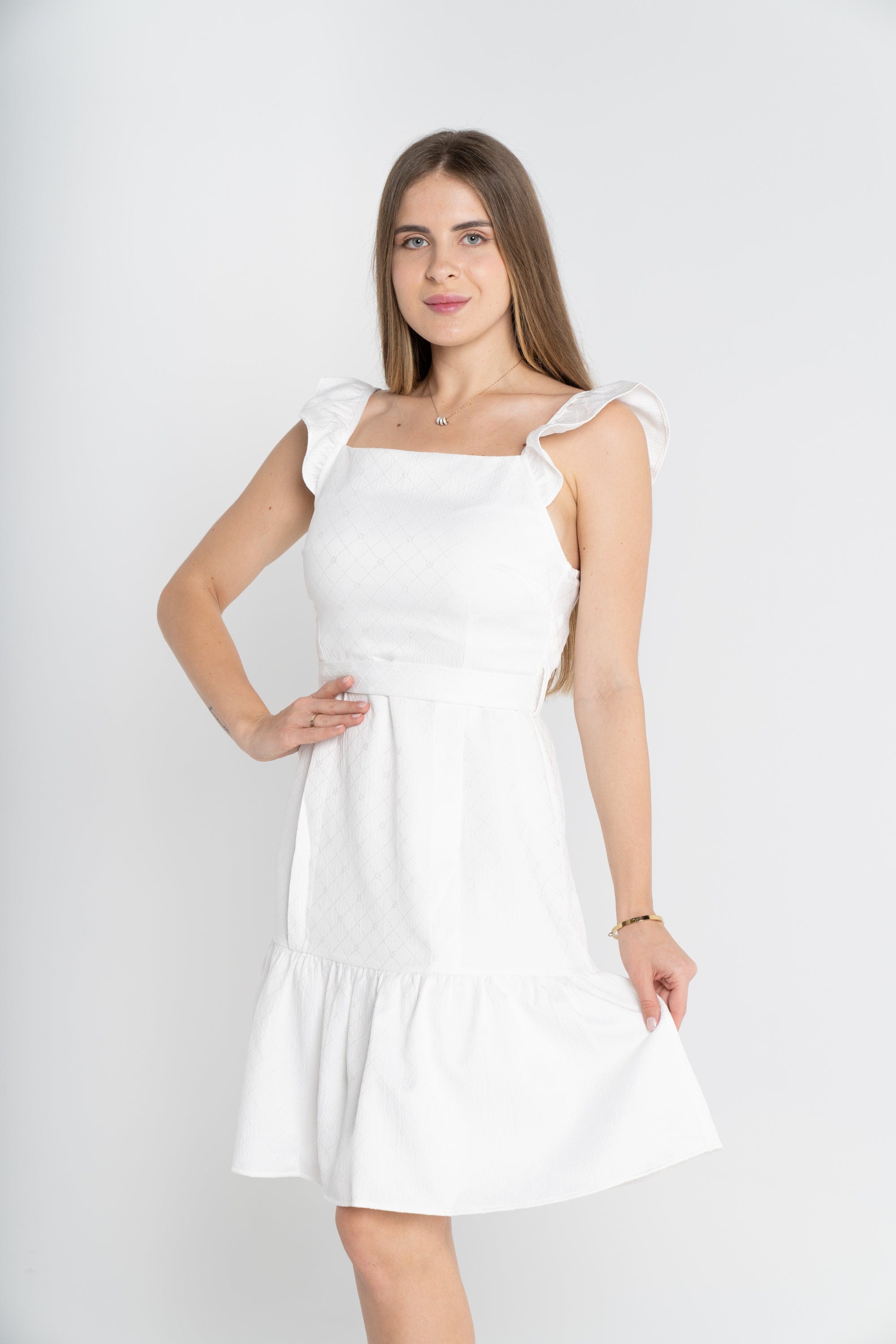 ميكا فستان قصير كت بياقة مربعة وحزام على الخصر نسائي