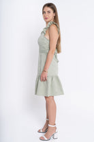 ميكا فستان قصير كت بياقة مربعة وحزام على الخصر نسائي