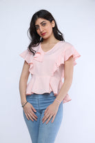 ميكا بلوزة بأكمام قصيرة فراشة مزموم من الخصر