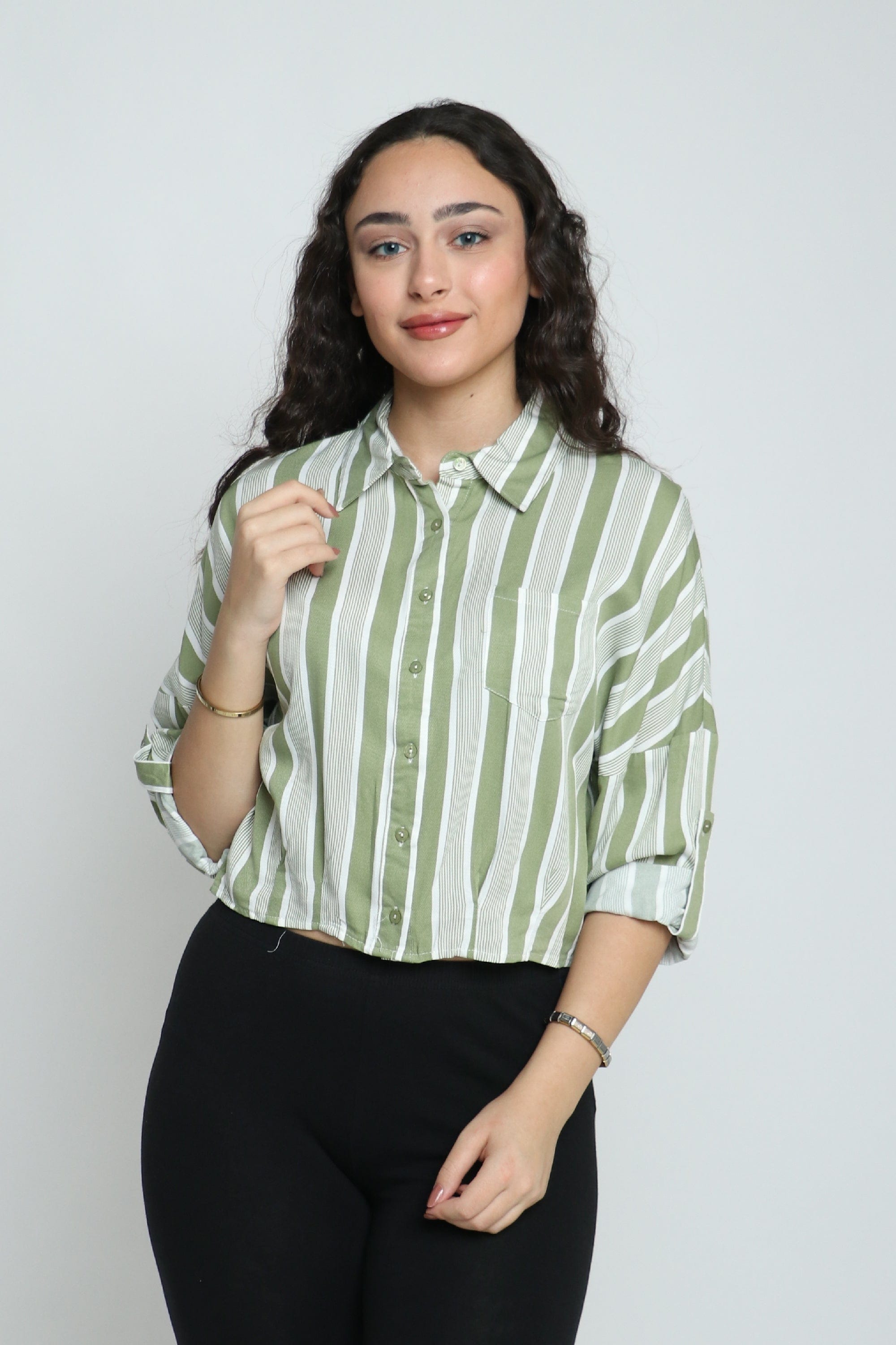 ميكا قميص فسكوز مقلم بجيب كم طويل نسائي