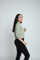 ميكا قميص فسكوز مقلم بجيب كم طويل نسائي