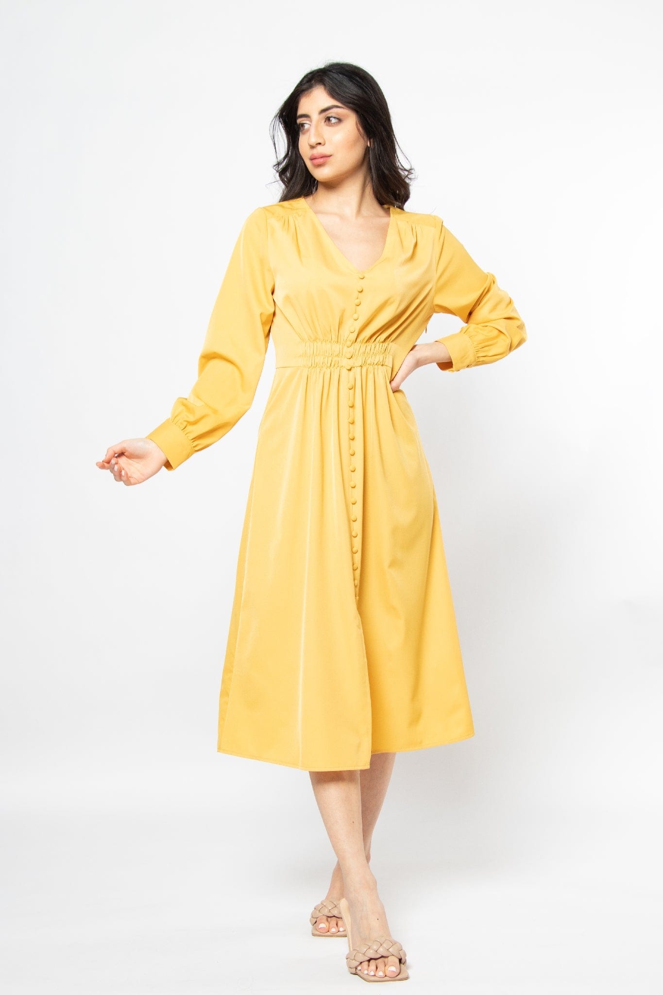 ميكا فستان ميدي سادة بخصر مطاط كم طويل نسائي