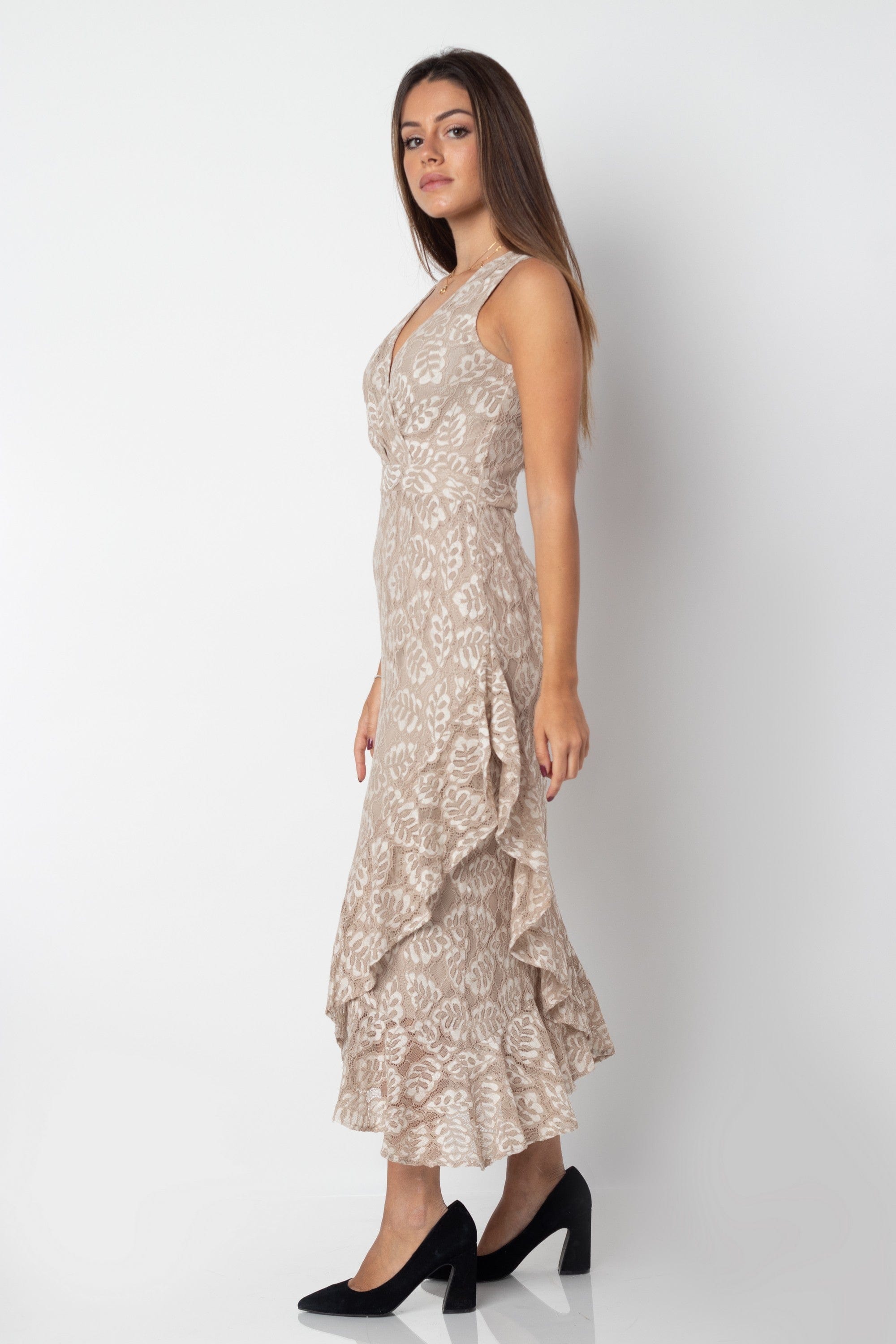 ميكا فستان ميدي ملفوف منقوش بفتحة صدر v بدون كم