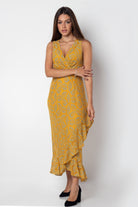 ميكا فستان ميدي ملفوف منقوش بفتحة صدر v بدون كم