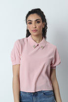 ميكا بلوزة رسمية بياقة مطرزة كم قصير منفوخ نسائي