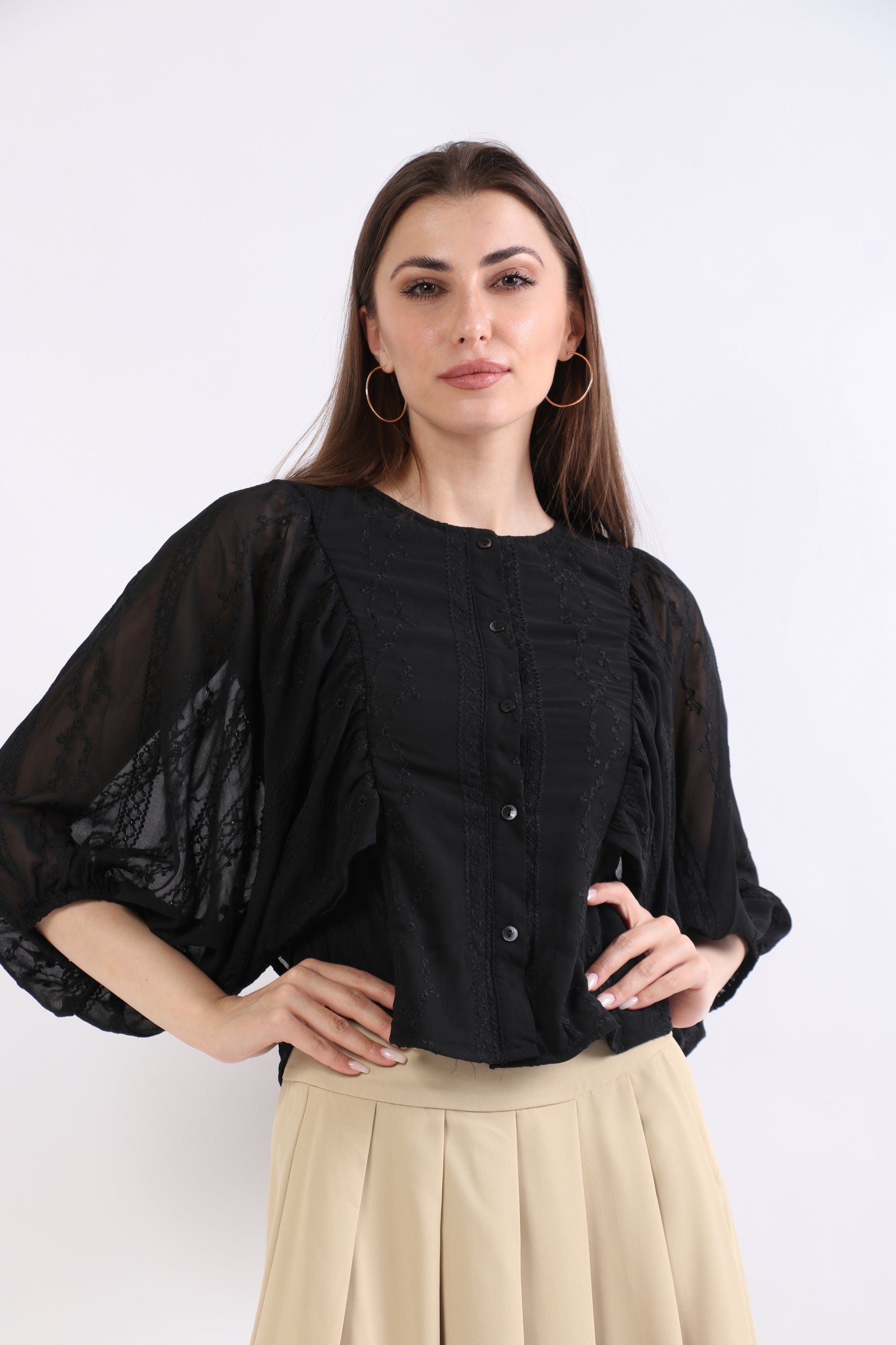 ميكا بلوزة دانتيل أوفر ساير بازرار أمامية 3/4 كم نسائي