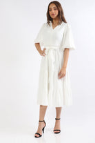 ميكا فستان ميدي كم قصير بف سادة برباط خصر