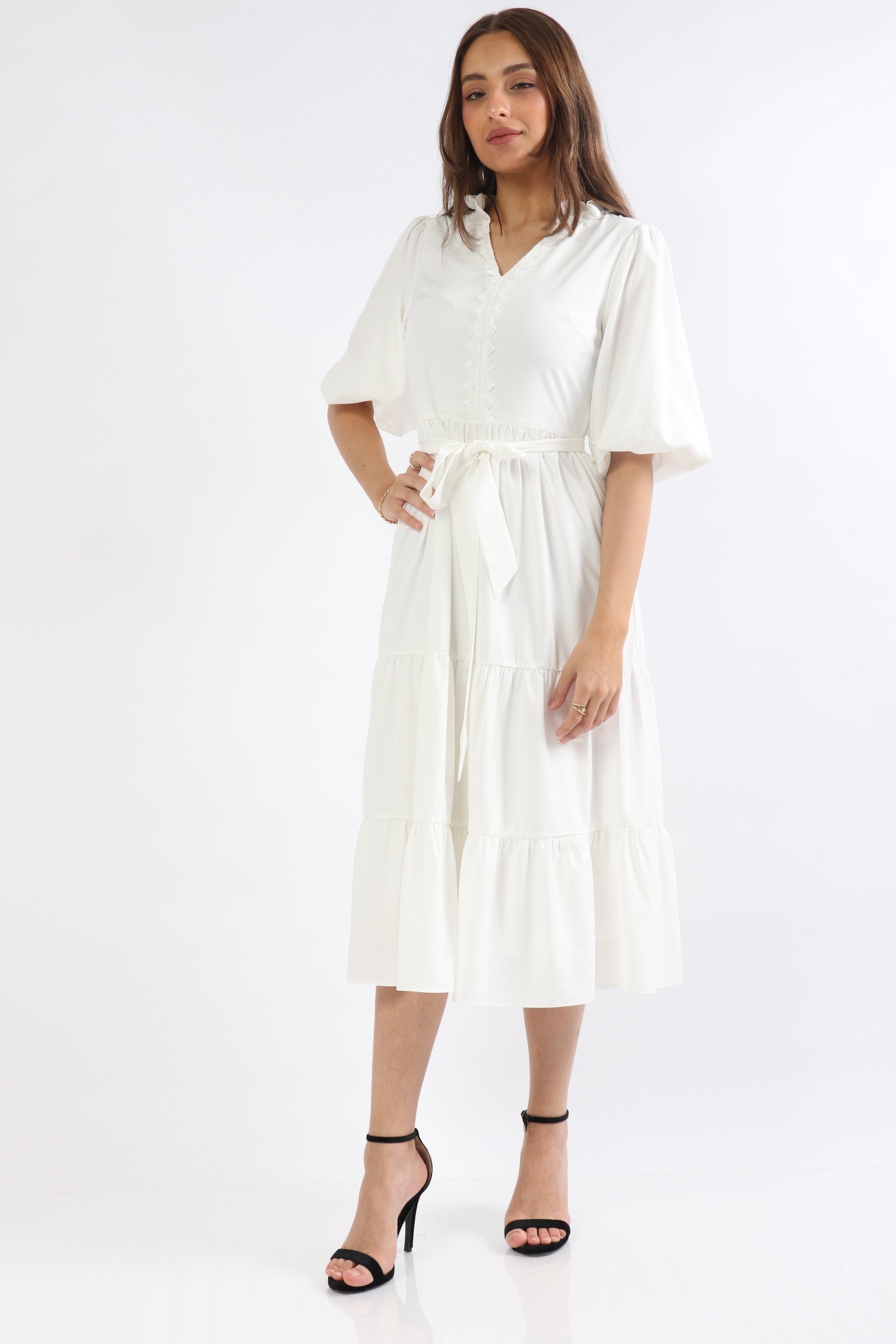 ميكا فستان ميدي كم قصير بف سادة برباط خصر