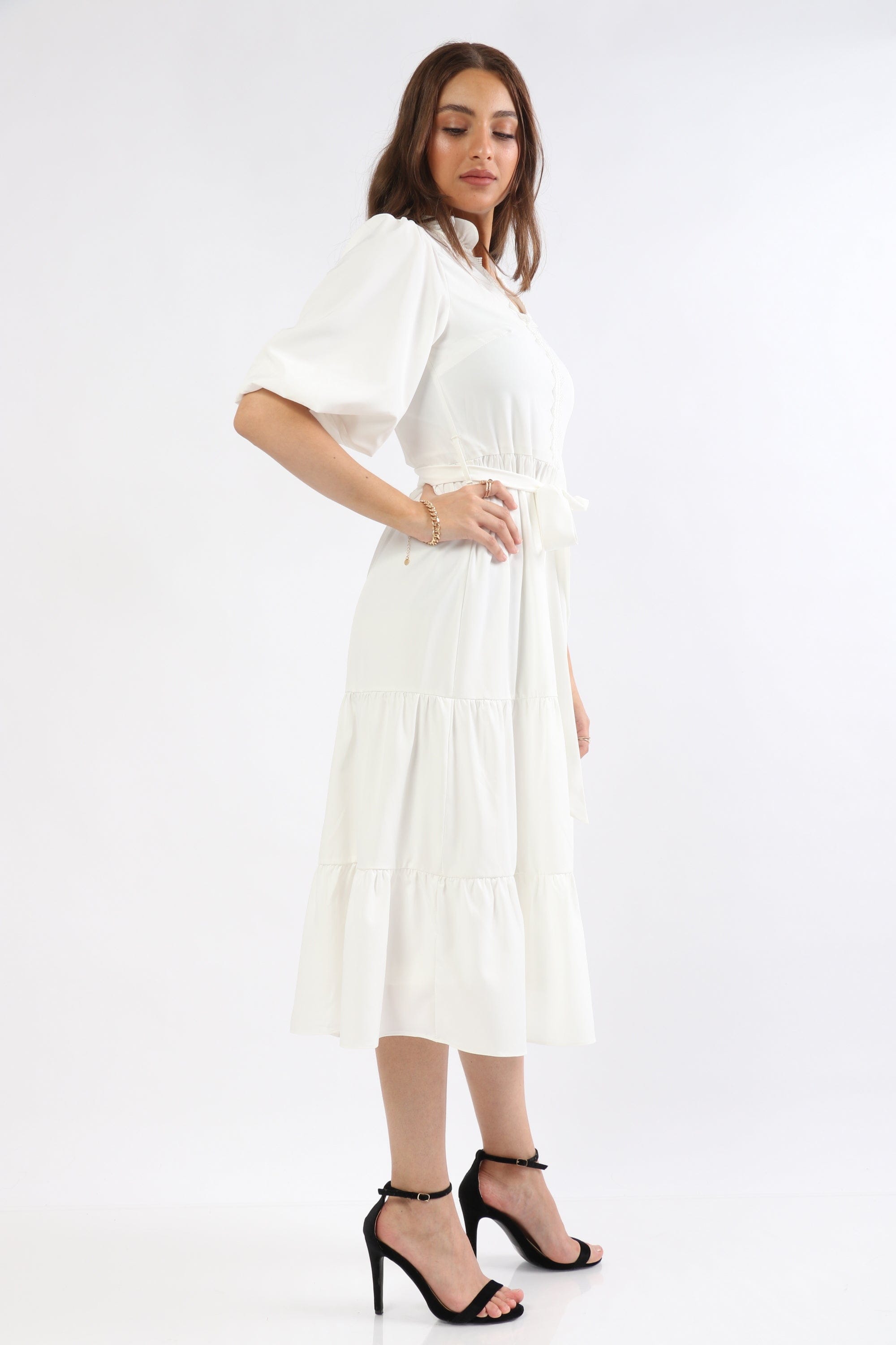 ميكا فستان ميدي كم قصير بف سادة برباط خصر