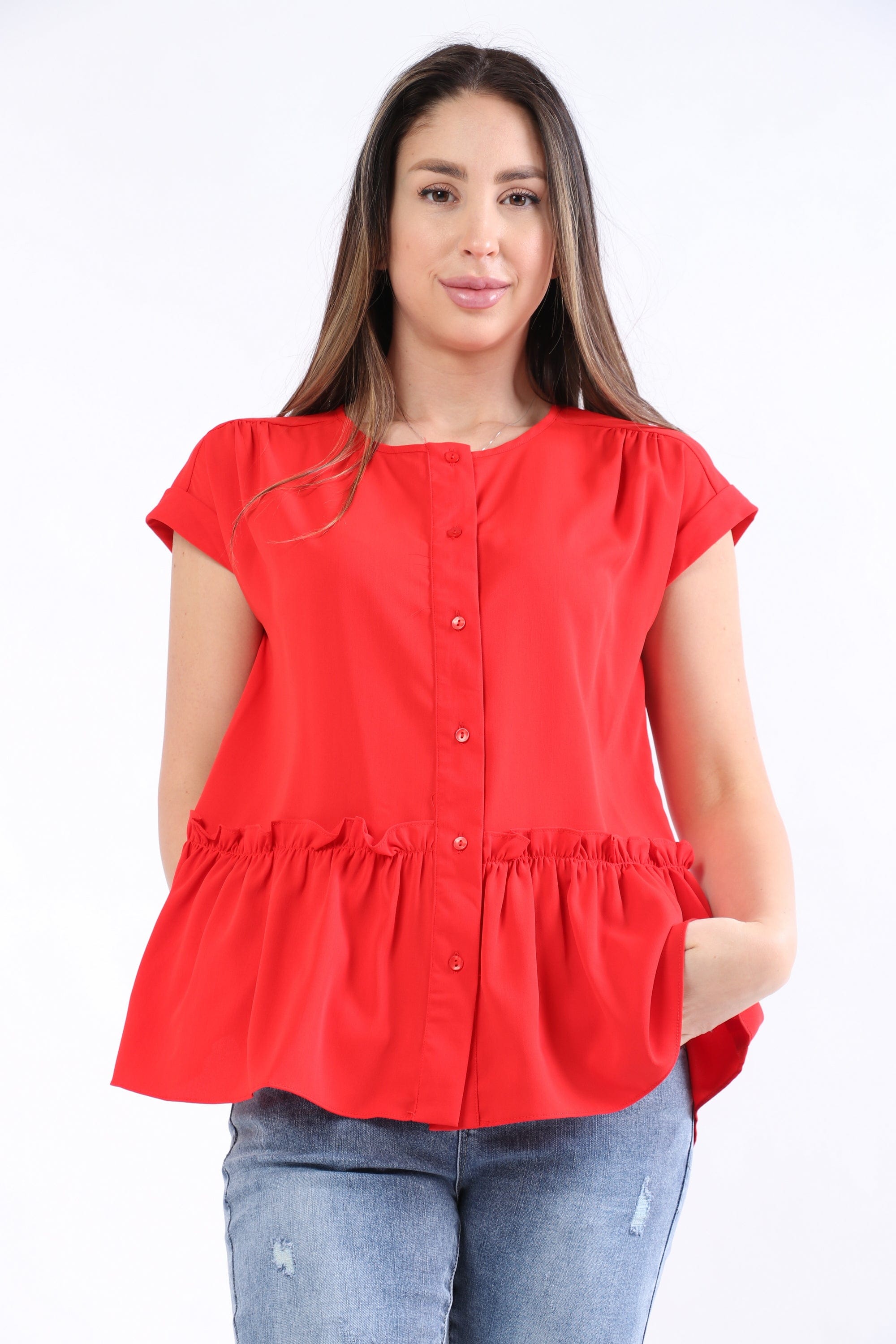 ميكا بلوزة بأكمام قصيرة سادة بكرانيش من الأسفل