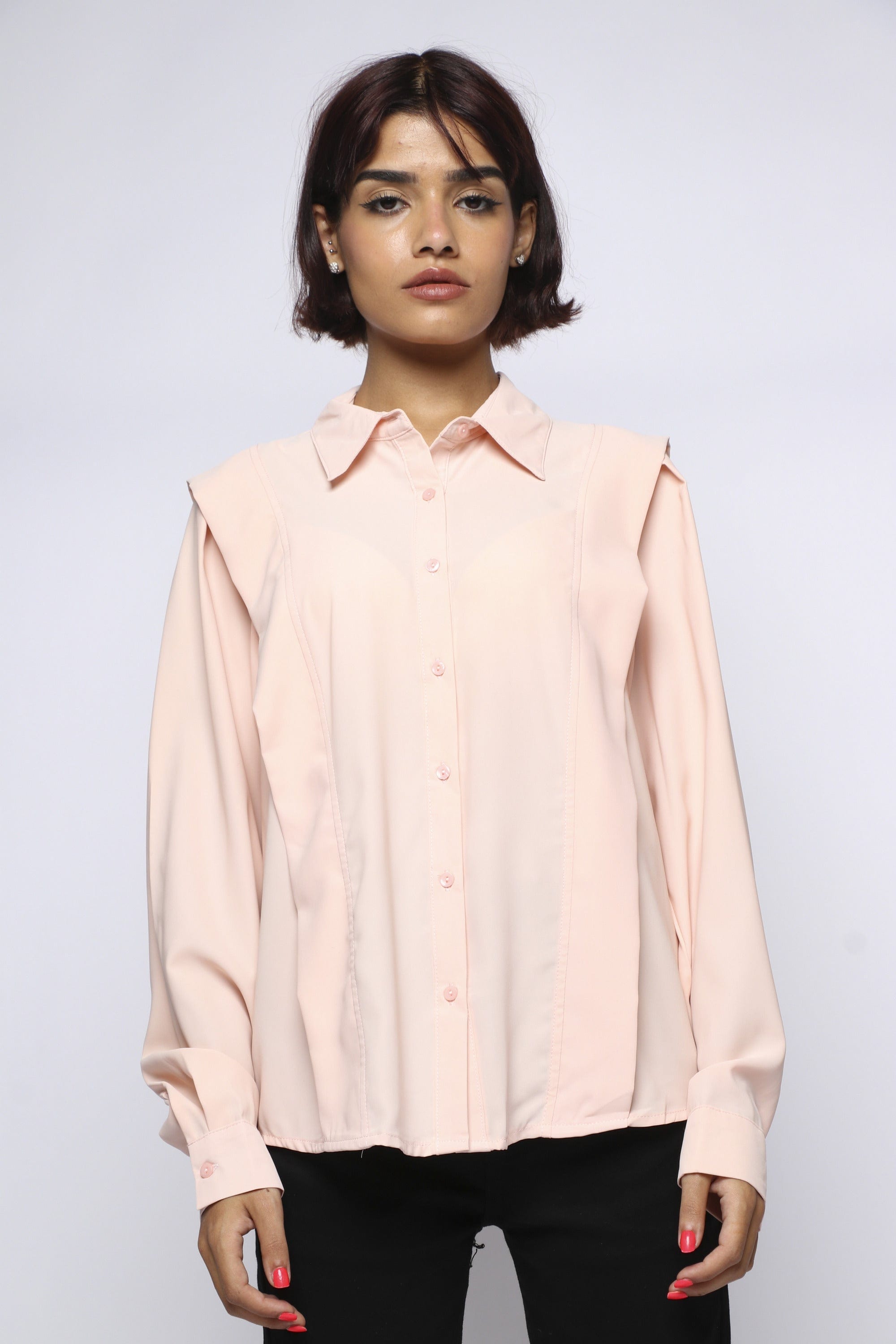 ميكا بلوزة بأكمام طويلة سادة بأزرار أمامية