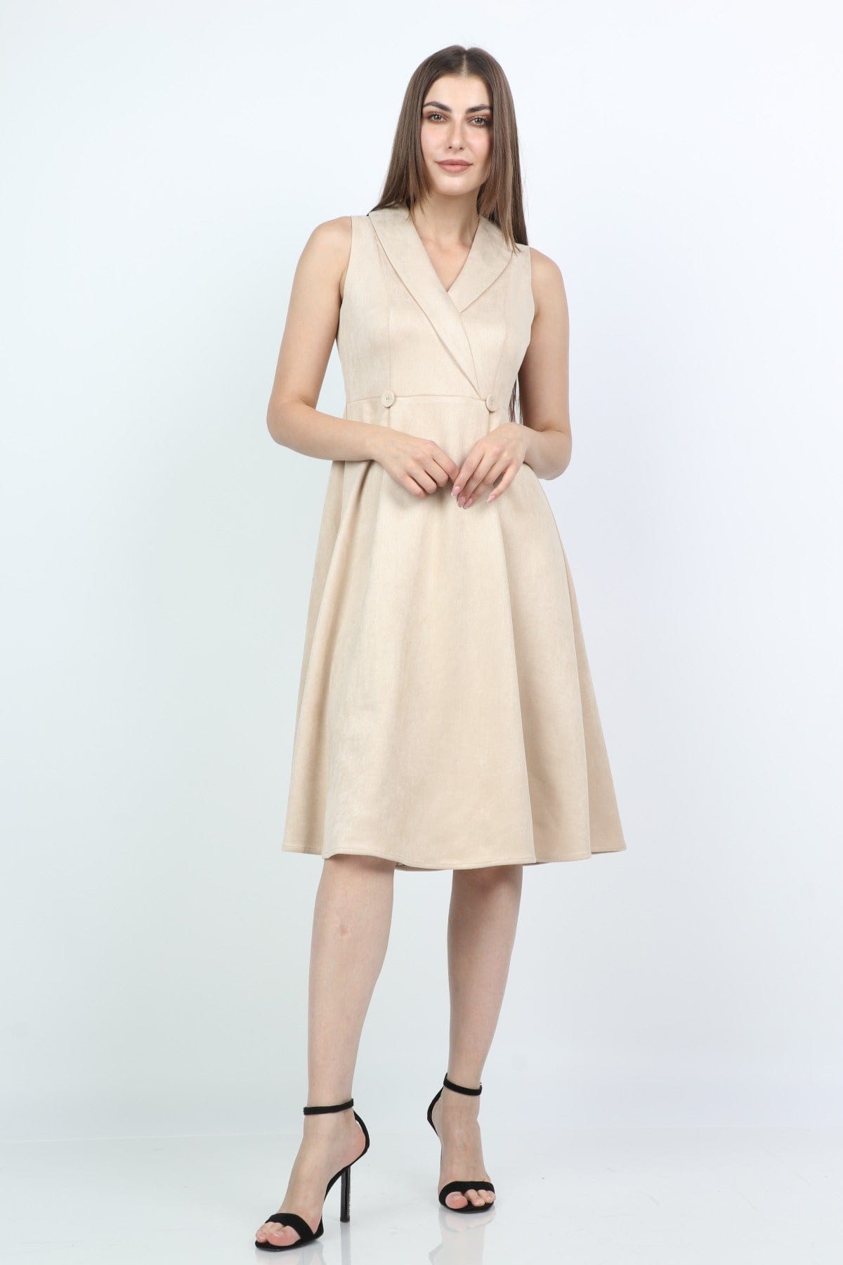 ميكا فستان ميدي بدون أكمام سادة بياقة عريضة بيج