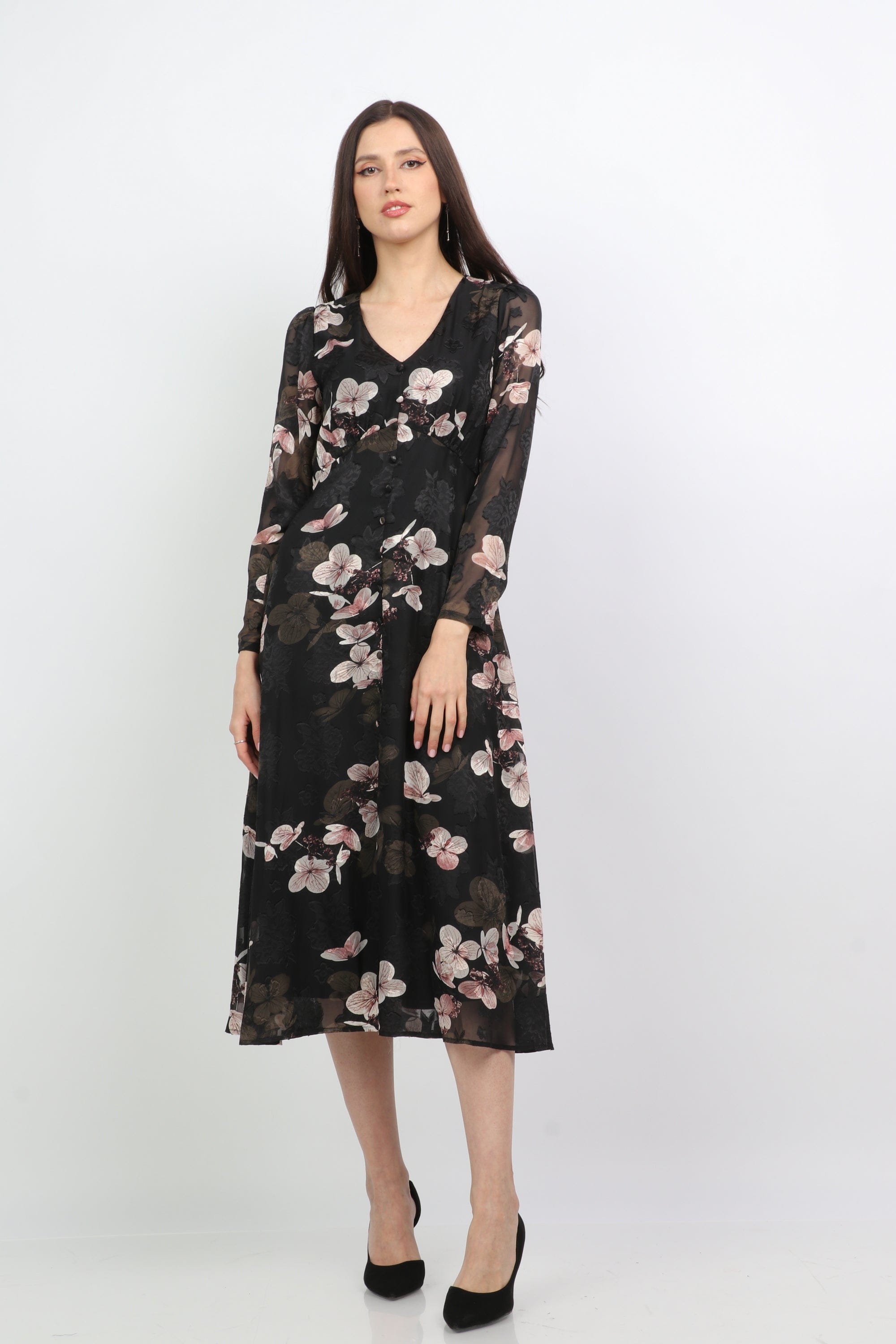 ميكا فستان ميدي مشجر فتحة عنق شكل V بأكمام طويلة