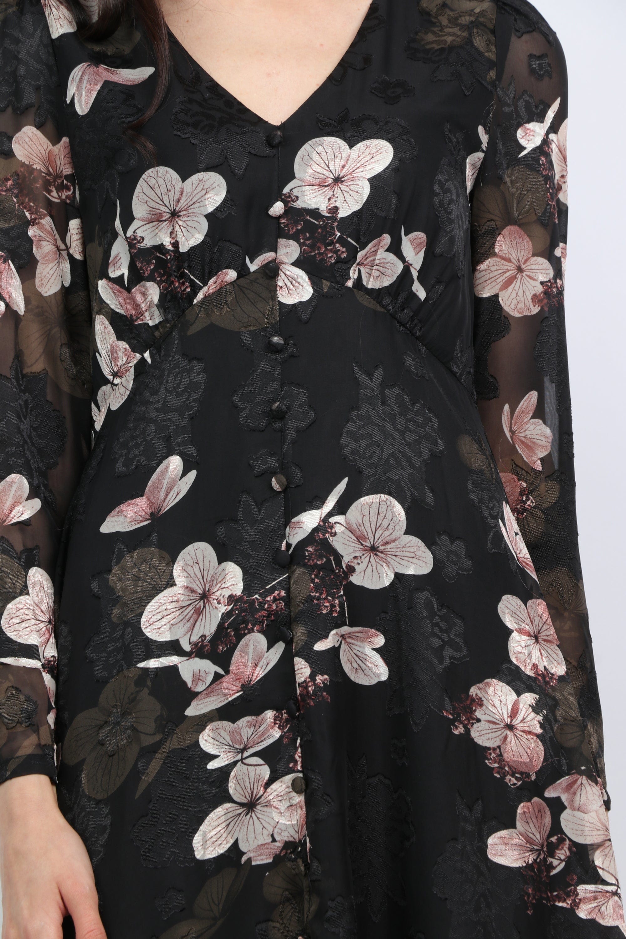 ميكا فستان ميدي مشجر فتحة عنق شكل V بأكمام طويلة