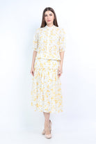 ميكا بلوزة مشجرة بياقة قصيرة نص كم منفوخ نسائية