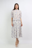 ميكا بلوزة مشجرة بياقة قصيرة نص كم منفوخ نسائية